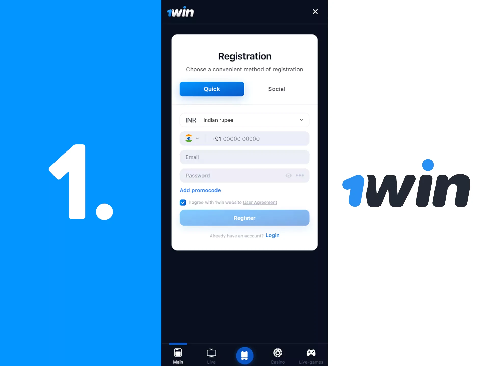 Sign up to start playing at 1win online casino.