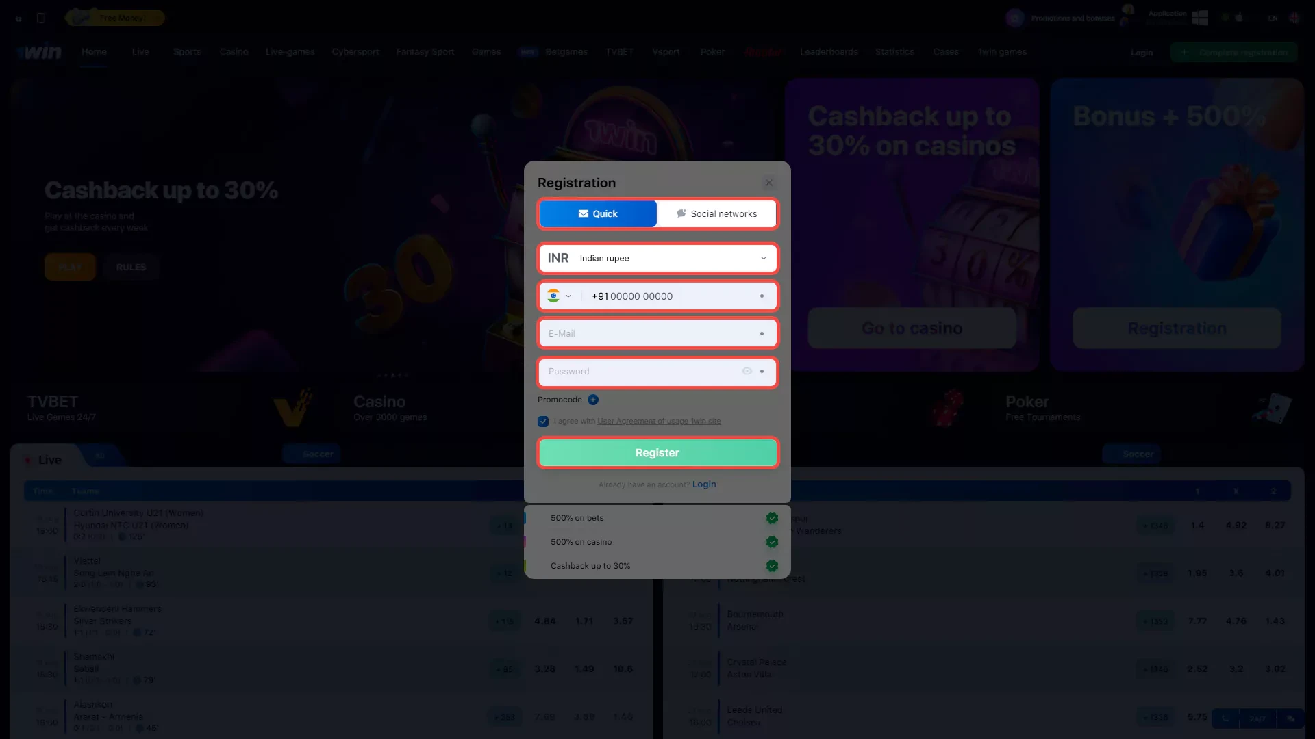 Fill in the fields to sign up at 1win.