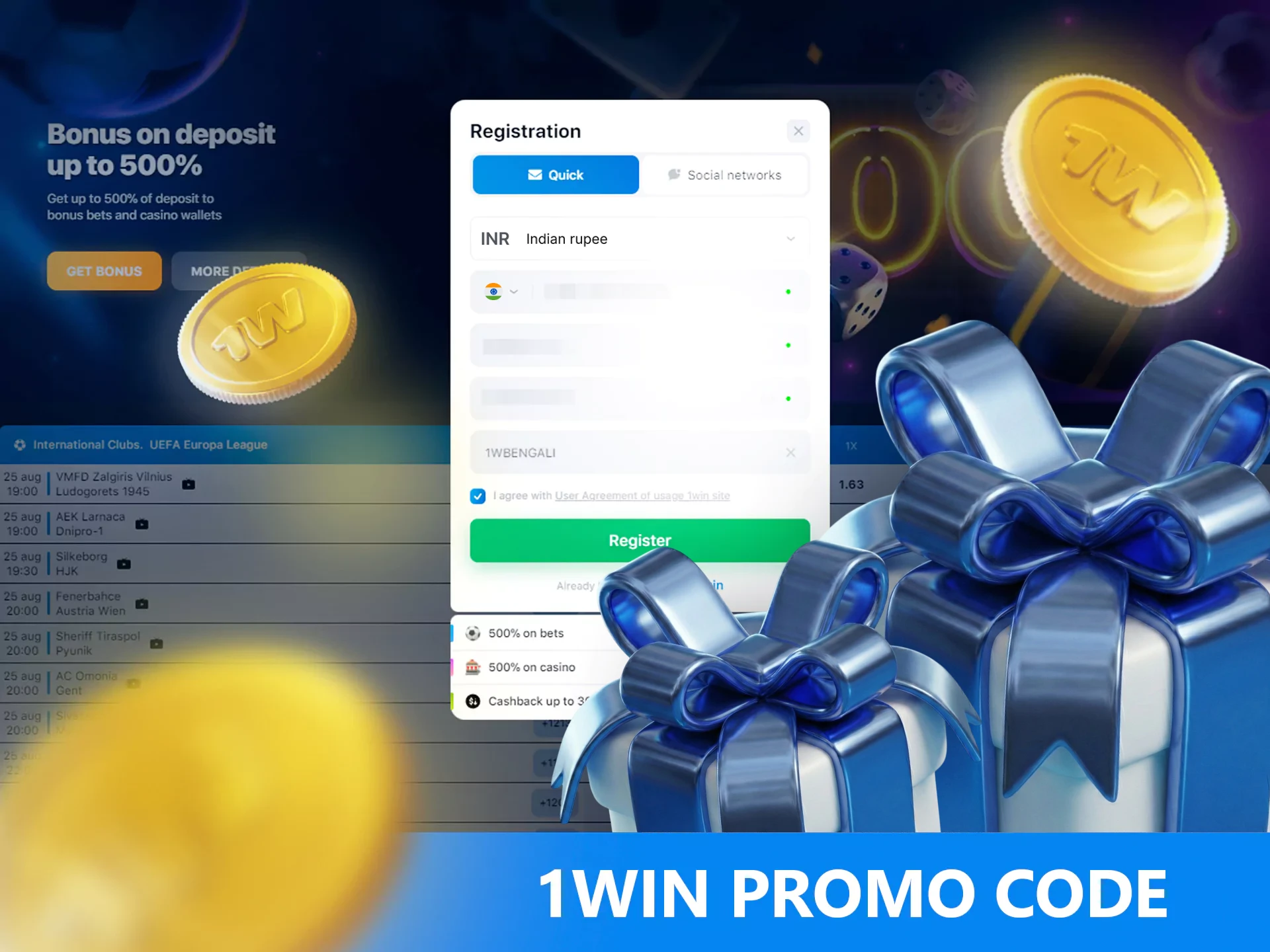 While you are registering, don't forget to use 1win promo code.